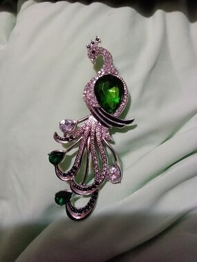 Exotic Peacock Brooch with Green Crystal Accent - Women's Jewelry